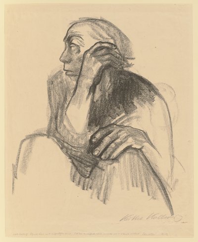Istuva nainen käsi tuettuna tekijältä Käthe Kollwitz