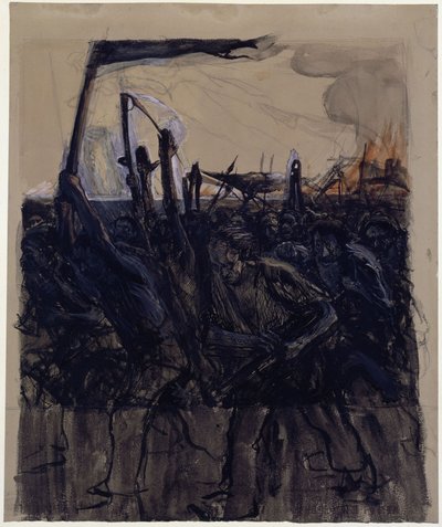 Tutkimus teoksesta ”Aufruhr” (käänteinen luonnos samannimisestä etsauksesta vuodelta 1899) tekijältä Käthe Kollwitz