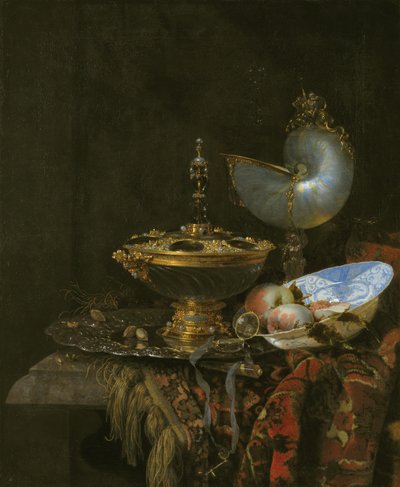 Pronk asetelma Holbein Bowlilla, Nautilus Cupilla, lasikupilla ja hedelmälautasella tekijältä Kalf