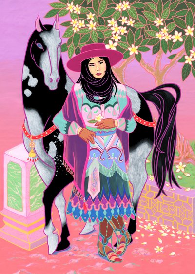 Cantones Cowgirl Waiting Under Plumeria, 2020 (akryyli puuvillalla) tekijältä Kam Tsz