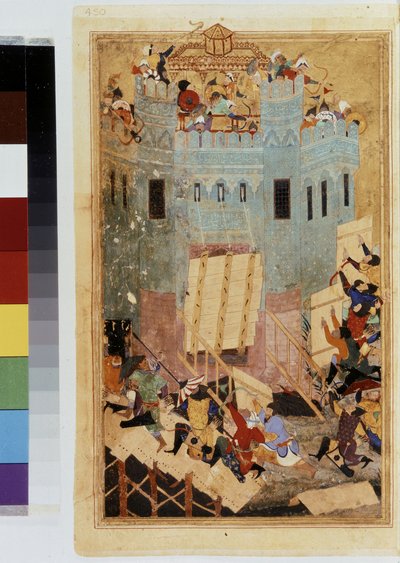 TIMUR (Tamerlane): Timur piirittää Smyrnan sairaalalinnaa vuonna 1402. tekijältä Kamal ud Din Behzad