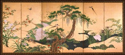 Birds and Flowers of Spring and Summer - Eino, Kano (1631-1697) - Second Half of the 17th cen. - Watercolour and ink on paper - 153x361 - Suntory Museum of Art tekijältä Kano Eino