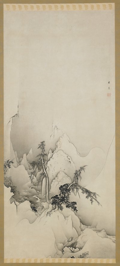 Talvimaisema: rotko, Edo-kausi, 1883 (muste paperille) tekijältä Kano Hogai