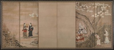 Iloa aroniakukkien alla. Kuusiosaisten taittoseinämien oikea puoli, 1700-luku tekijältä Kano Isenin Naganobu