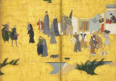 Yksityiskohta Southern Barbarians Come to Trade, pari kuusipaneelista näyttöä, 1600-luvun alku tekijältä Kano Naizen