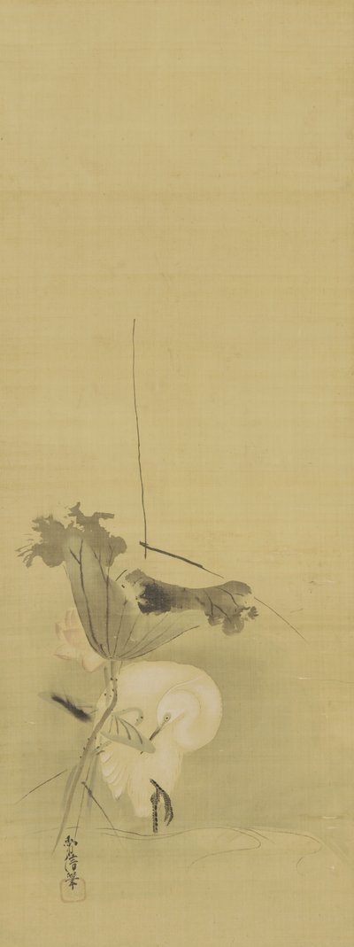 Heron ja lootus, Edo-kausi, 1600-luvun puoliväli - 1700-luvun alku (muste ja väri silkillä) tekijältä Kano Tsunenobu