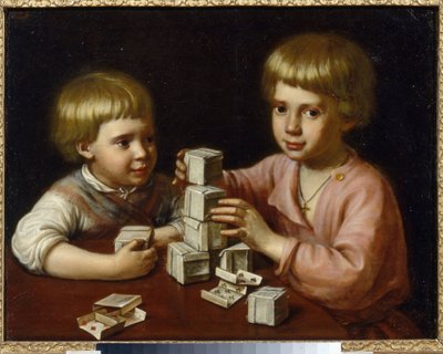 Lapset leikkivät (Lapset leikkivät). Kaksi veljestä, jotka ovat tehneet kuutioita pelikorteista, pinoavat ne pöydälle. Kapiton Stepanovitš Pavlovin (1792-1852) maalaus öljy kankaalle tekijältä Kapiton Stepanovich Pavlov