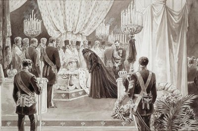 Keisari Aleksanteri III:n hautaaminen Pietarin ja Paavalin katedraaliin Pietarissa, 1894. tekijältä Karel Brozh