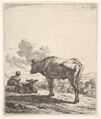 Paimen lehmän ja vasikan kanssa rinteessä, paimen takaa katsottuna ja istuu ..., 1658. tekijältä Karel Du Jardin
