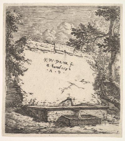 Etupaneeli porrastetulla suihkulähteellä, kivimuuri vesisuuttimella, joka kaataa vettä astiaan, 1652. tekijältä Karel Du Jardin