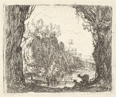 Puiden reunustama maisema vasemmalla ja oikealla etualalla, siluetit kaksi goa..., n. 1641-78. tekijältä Karel Du Jardin