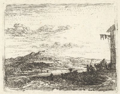 Maisema, jossa rakennuksen kulma ja markiisi oikeassa reunassa, kaksi hahmoa ja hevonen..., n. 1641-78. tekijältä Karel Du Jardin