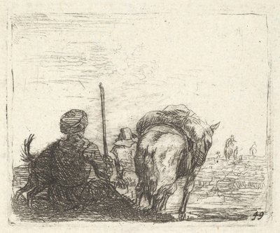 Pakkahevonen, istuva mies sauva oikealla kädellä ja koira, kaikki takaa katsottuna..., n. 1641-78. tekijältä Karel Du Jardin