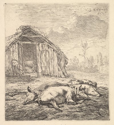 Kolme sikaa kyljellään, sikala ja kaukalo takana, 1652. tekijältä Karel Du Jardin
