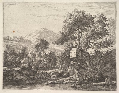 Kaksi miestä seisoo nilkoihin asti vesistössä, jonka takana on kivinen paljastus, rantakadulle, 1658. tekijältä Karel Du Jardin