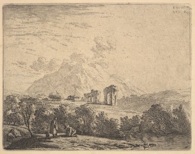 Näkymä rinteelle raunioilla, akveduktilla ja vuoren kalliolla takana, etualalla m..., 1658. tekijältä Karel Du Jardin