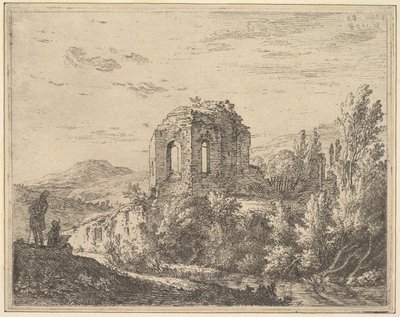 Näkymä raunioista kahden kaarevan ikkunan rakennuksen nurkassa maisemaviihteessä..., 1658. tekijältä Karel Du Jardin
