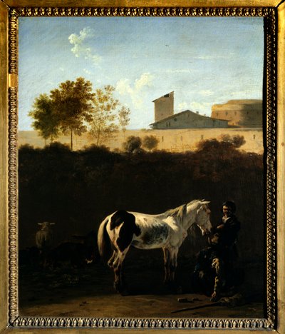 Italian maisema Karel Dujardinin (1621-1678) Patresin ja Hevospiirakan maalauksella (ec.holl.) 1675 Su. 0,32x0,27 m Pariisi, Musee du Louvre. tekijältä Karel Dujardin