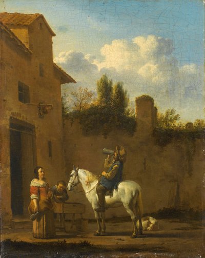 Asennettu trumpetisti juomassa, 1650-60 tekijältä Karel Dujardin