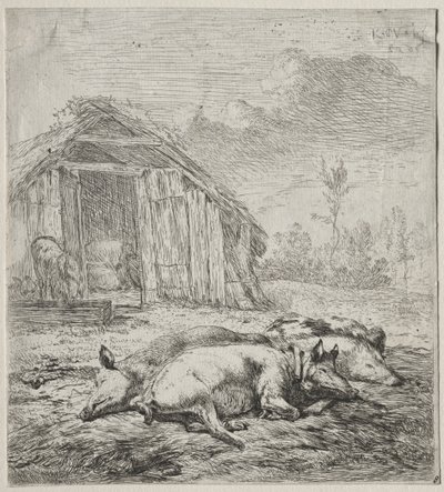 Kolme sikaa makaa mökin edessä. tekijältä Karel Dujardin