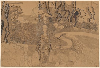 Allegorinen esitys hahmoilla ja riikinkukon kanssa puutarhassa tekijältä Karel de Nerée tot Babberich (signed by artist)