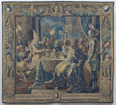 Cleopatra viihdyttää Anthonya, n. 1640 (villa ja silkki) tekijältä Karel van II (workshop of) Mander