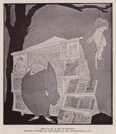 Amor roikkuu puussa pornografiaa myyvän katukioskin yläpuolella (litografia) tekijältä Karl Arnold