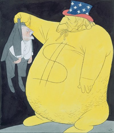 Setä Samuli dollarisäkkinä ja Poincare (vesiväri, tussi ja muste paperille) tekijältä Karl Arnold