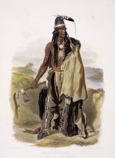Abdih Hiddisch, minitarren päällikkö, levy 24 kirjan "Travels in the Interior of North America" 2. osasta, kaiverruksella Rollet, 1844 (akvatinta) tekijältä Karl Bodmer