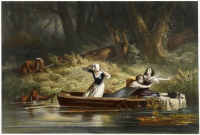 Intiaanien Daniel Boonen ja Richard Callawayn tyttärien vangitseminen, pubi. 1852 (värikaiverrus) tekijältä Karl Bodmer