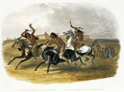 Sioux-intiaanien hevoskilpailut lähellä Fort Pierreä, levy 30 kirjan "Travels in the Interior of North America" osasta 1, kaiverrus Du Casse ja Doherty, 1843 (akvatinta) tekijältä Karl Bodmer
