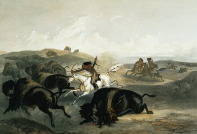 Indians Hunting the Bison, levy 31 kirjan "Travels in the Interior of North America" 2. osasta, kaiverrus Carl Vogel (1816-51) 1844 (akvatinta) tekijältä Karl Bodmer