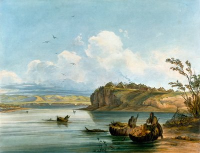 Mandanin intiaaninaiset ylittävät Missouri-joen puhvelinnahasta valmistetuilla veneillä, Native American Civilization, Yhdysvallat tekijältä Karl Bodmer