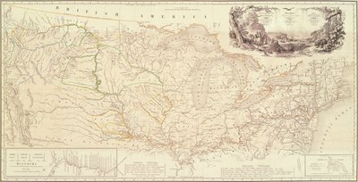 Kartta, joka havainnollistaa Wiedin prinssi Maximilianin reittiä Pohjois-Amerikan sisäosissa Bostonista Ylä-Missouriin tekijältä Karl Bodmer