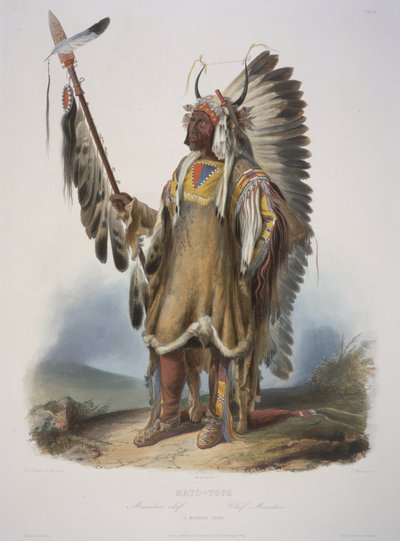 Mato-Tope, Mandan-heimon päällikkö, J. Hurlimanin kaiverrus, julkaistu 1839 (akvatintti). tekijältä Karl Bodmer