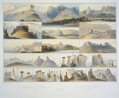 Remarkable Hills on the Upper Missouri, kaiverrettu F. Salathe, julkaistaan vuonna 1839 (akvatinta) tekijältä Karl Bodmer