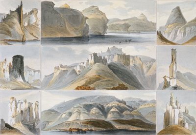 Merkittäviä kukkuloita Ylä-Missourissa, levy 34 kirjan "Travels in the Interior of North America" 2. osasta, kaiverrus Friedrich Salathe (1793-1858) 1844 (akvatinta) tekijältä Karl Bodmer