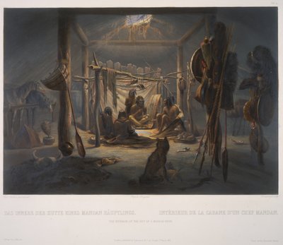 Mandanipäällikön majan sisustus tekijältä Karl Bodmer