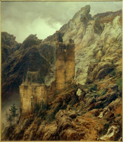 C.F.Lessing, Kalliomaisema: rotko, jossa on raunioita. tekijältä Carl Friedrich Lessing