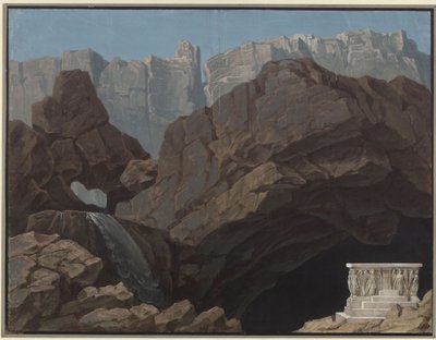 Alkestis. Christoph Willibald Gluckin ooppera. Luonnos 4. lavastusta varten. Sisäänkäynti manalaan tekijältä Karl Friedrich Schinkel