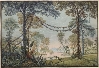 Armida. Christoph Willibald Gluckin ooppera. Luonnos 3. näyttämökuvaksi. Köynnöksin koristeltu lehto järven rannalla tekijältä Karl Friedrich Schinkel