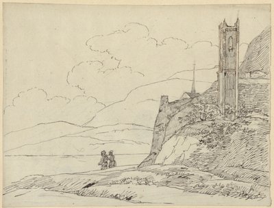 Vuoristomaisema, torninraunioita ja hahmoja tekijältä Karl Friedrich Schinkel