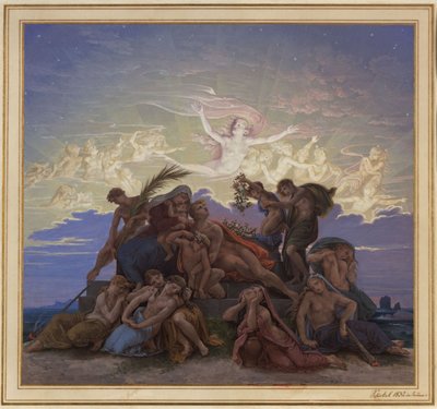 Berliini. Lustgartenin Altes Museum. Luonnos seinämaalaukseen "Suru hautakummulla" tekijältä Karl Friedrich Schinkel