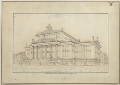 Berliini. Gendarmenmarktin teatteri. Etusivun perspektiivikuva tekijältä Karl Friedrich Schinkel