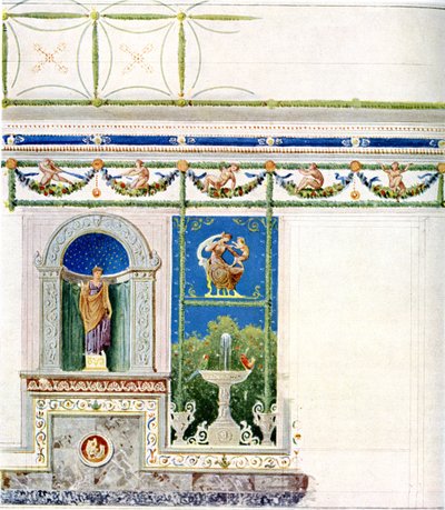 Berliini, Wilhelmplatz. Preussin prinssi Karlin palatsi, ruokasali. Seinä- ja kattoluonnos tekijältä Karl Friedrich Schinkel
