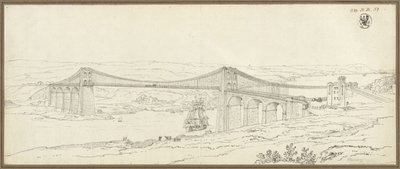 Näkymä Menainsalmen ylittävälle riippusillalle Bangorin lähellä Walesissa tekijältä Karl Friedrich Schinkel
