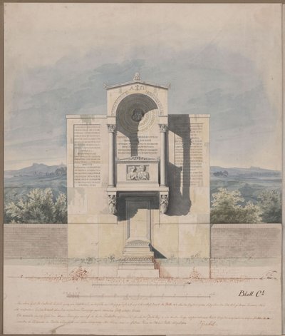 Bonn. Luonnos Barthold Georg Niebuhrin hautamuistomerkiksi, jossa on avioparin reliefimuotokuva tekijältä Karl Friedrich Schinkel