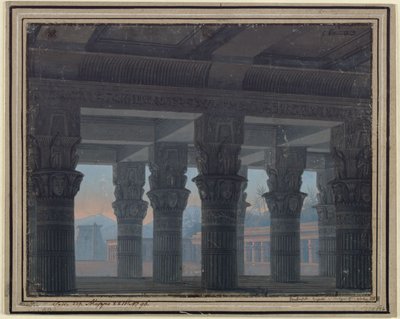 Taikahuilu. Wolfgang Amadeus Mozartin ooppera. Luonnos 8. lavastusta varten. Labyrintin eteishalli tekijältä Karl Friedrich Schinkel