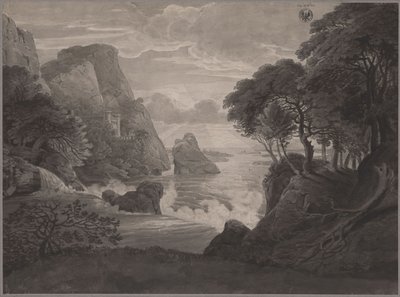 Kallioinen rannikkomaisema ja linna tekijältä Karl Friedrich Schinkel