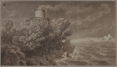 Kallioinen merenrannikko ja antiikkia jäljittelevä majakka, meren ollessa levoton tekijältä Karl Friedrich Schinkel